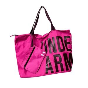 Under Armour Womens Pink Large Tote Bag Zip Top Removable Pouch Logo Graphic‎